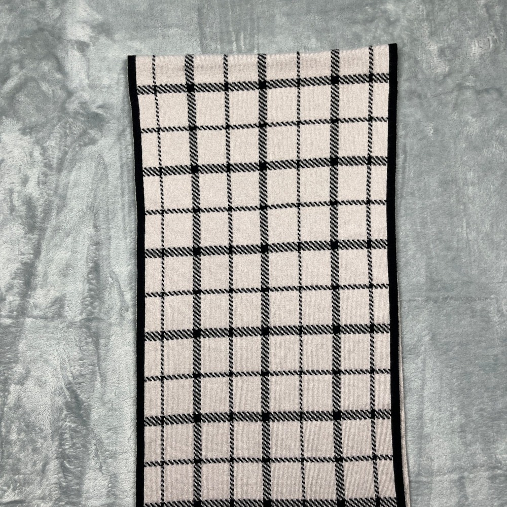 Coach Scarf Black Ivory Reversible Plaid Wool Cotton Knit Leather Logo - Picture 14 of 16